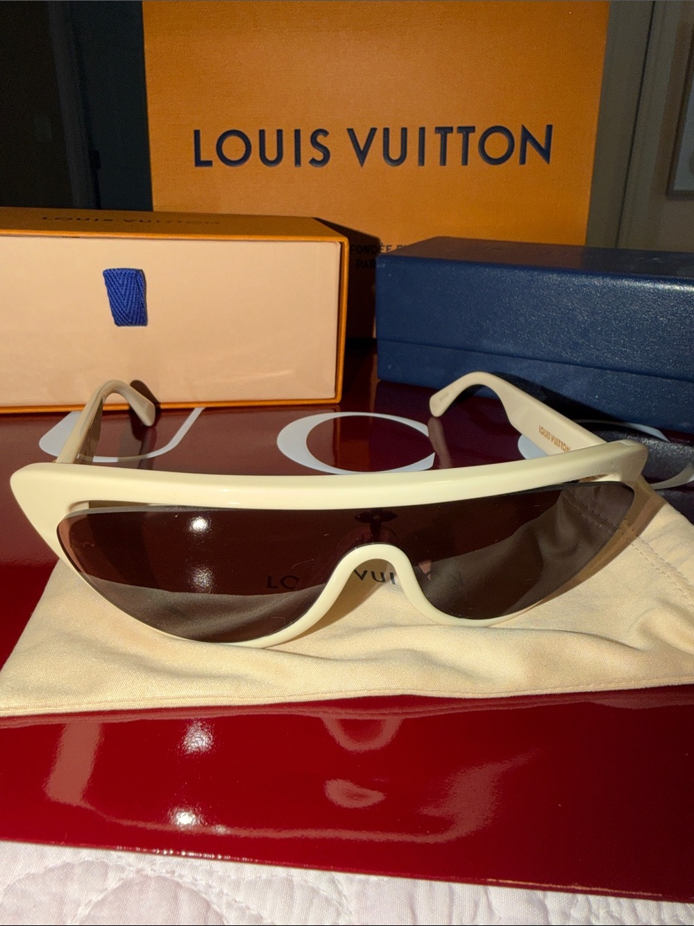 Louis Vuitton Cream Shield Sunglasses with Brown Lenses